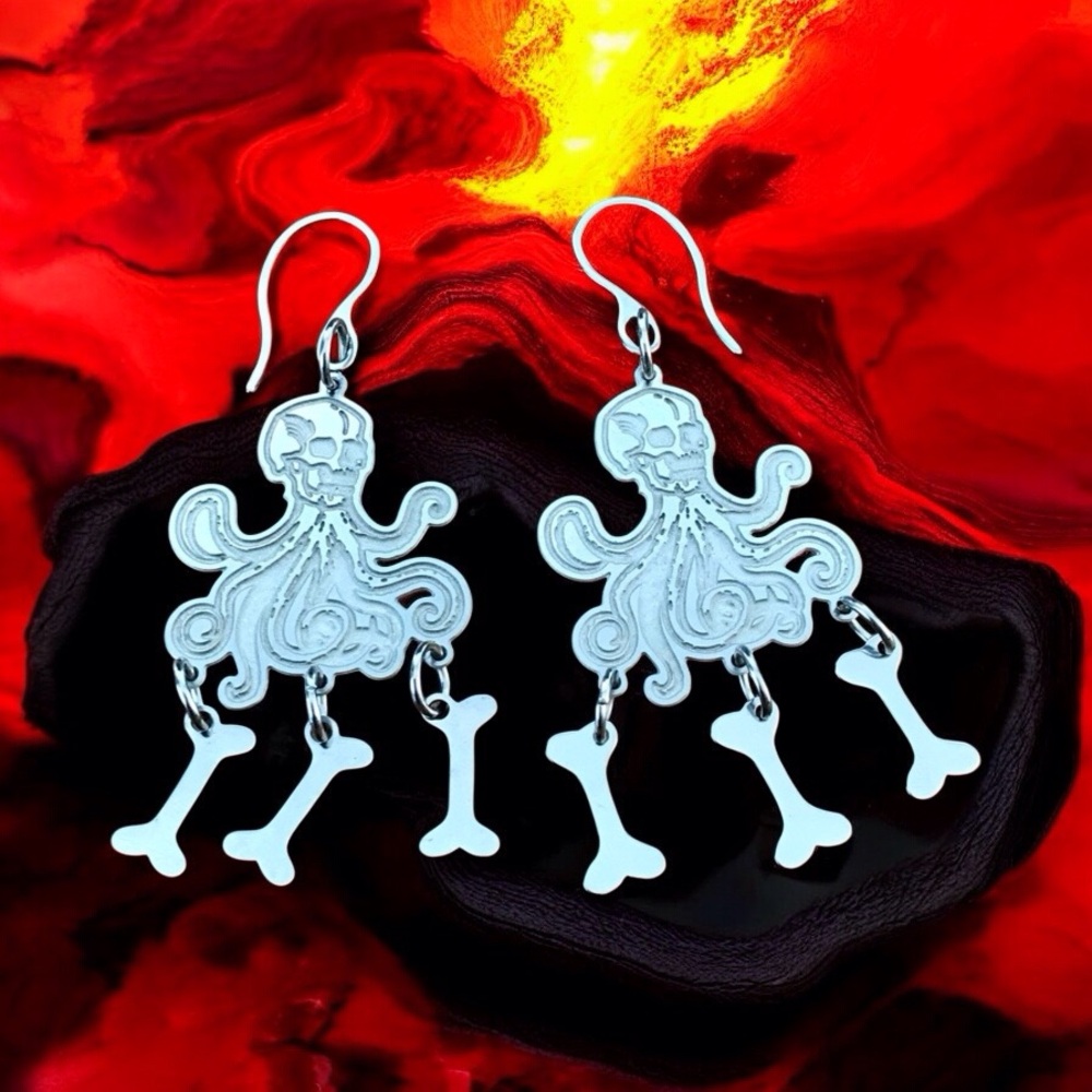🆕 Skull on Octopus Laser Etched Earrings Stainless Steel